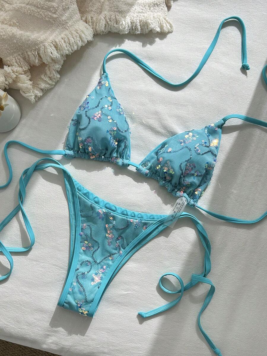 Swim SXY Conjunto de bikini halter con lentejuelas brillantes y cristales, corte aleatorio, para primavera/verano - Azul - Ver 1