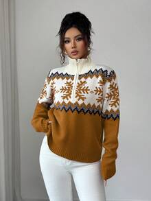 SHEIN Elenzya Sweater Wanita Elegan, Motif Fair Isle, Sweater Resleting Blok Warna, Motif Natal, Sweater Musim Gugur/Musim Dingin - Kuning - View 4