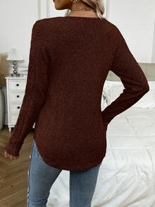 EMERY ROSE Suéter de cuello redondo de manga larga con patrón de cable elegante para mujer, otoño/invierno - Óxido marrón - Ver 2