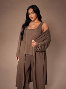 Lazeform 3件套加大码女式纯色休闲针织背心、裤子和睡袍套装，棕色女士睡衣套装，莫代尔睡衣套装，3件套女式睡衣，秋冬服装 - 棕色 - 查看 4