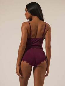 MUSERA ESSENTIALS 三角胸围蕾丝边可调节肩带吊带上衣和修身平角内裤多件套秋冬圣诞假期秋季内衣日常舒适休闲必备 - 紫色 - 查看 4