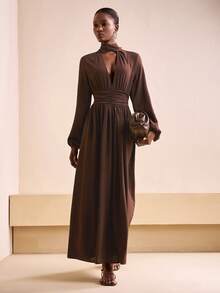 Zivah 2025 秋冬 新年, 情人节, 派对, 宴会, 约会, 生日派对, 学院风, 学生风, 日常穿着, 基础百搭, 休闲, 邮轮旅行, 热门热卖, 优雅, 通勤, 商务休闲, 极简主义, 立领长袖收腰, 棕色面料, A 字长裙, 秋冬连衣裙, 派对连衣裙, 女士连衣裙 - 棕色 - 查看 6
