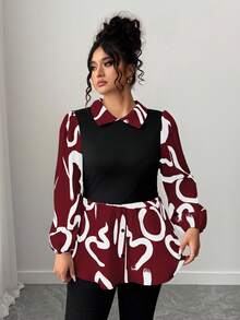 Elenzga Plus Size Women's Fashion Casual Contrast Color Print Long Sleeve Shirt - Red - View 4
