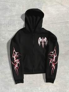 ROMWE MEN Goth Men's Random Cross Print Zip-Up Hooded Long Sleeve Sweatshirt, For Winter - Black - View 2