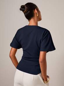 COSMINA Women's Elegant Ruched Round Neck T-Shirt, Suitable For All Seasons - Navy Blue - View 2