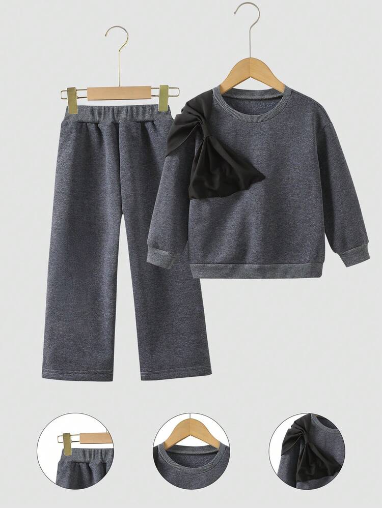 2 件套女孩休闲优雅撞色蝴蝶结运动衫和阔腿裤套装，适合日常穿着 - 深灰色 - 查看 3