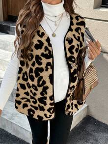 SHEIN Pregnant Women Leopard Print Single-Breasted Fleece Casual Vest Jacket, Autumn/Winter - Brown - View 4