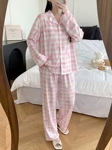 SHEIN Teen Girls 2pcs Valentine's Day Pajama Set, Pink Cute Bow Plaid Pattern Pocket Lapel Long Sleeve Top And Straight Leg Loose Casual Pants Pj Set Pink Plaid Pajama Set Cute Pj Set Cute Pajama Set - Pink - View 5