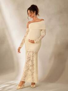 Cheriluna Maternity 優雅蕾絲露肩透視長袖孕婦攝影禮服/長裙 - 杏色 - 查看 1