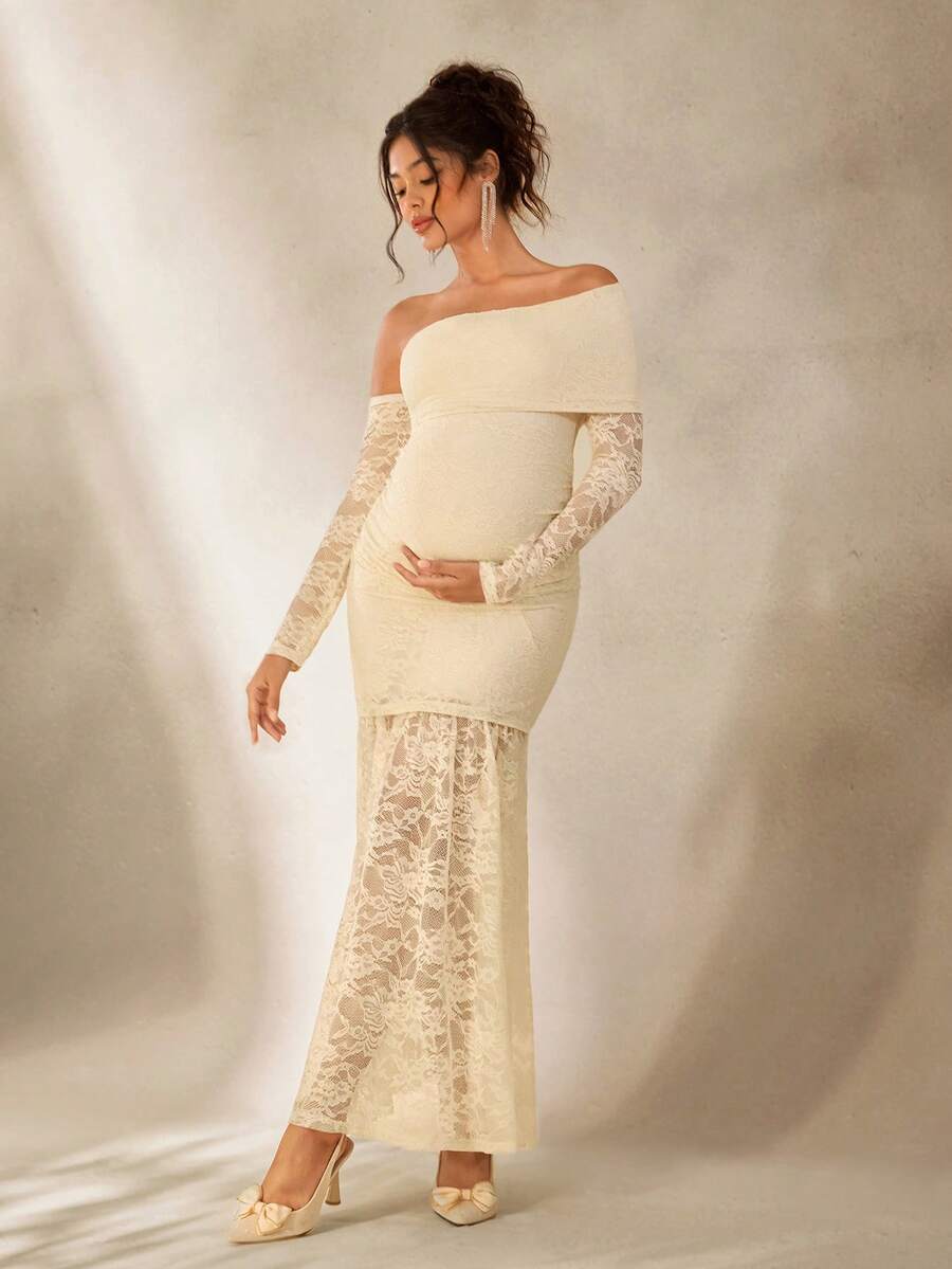 Cheriluna Maternity 優雅蕾絲露肩透視長袖孕婦攝影禮服/長裙 - 杏色 - 查看 1