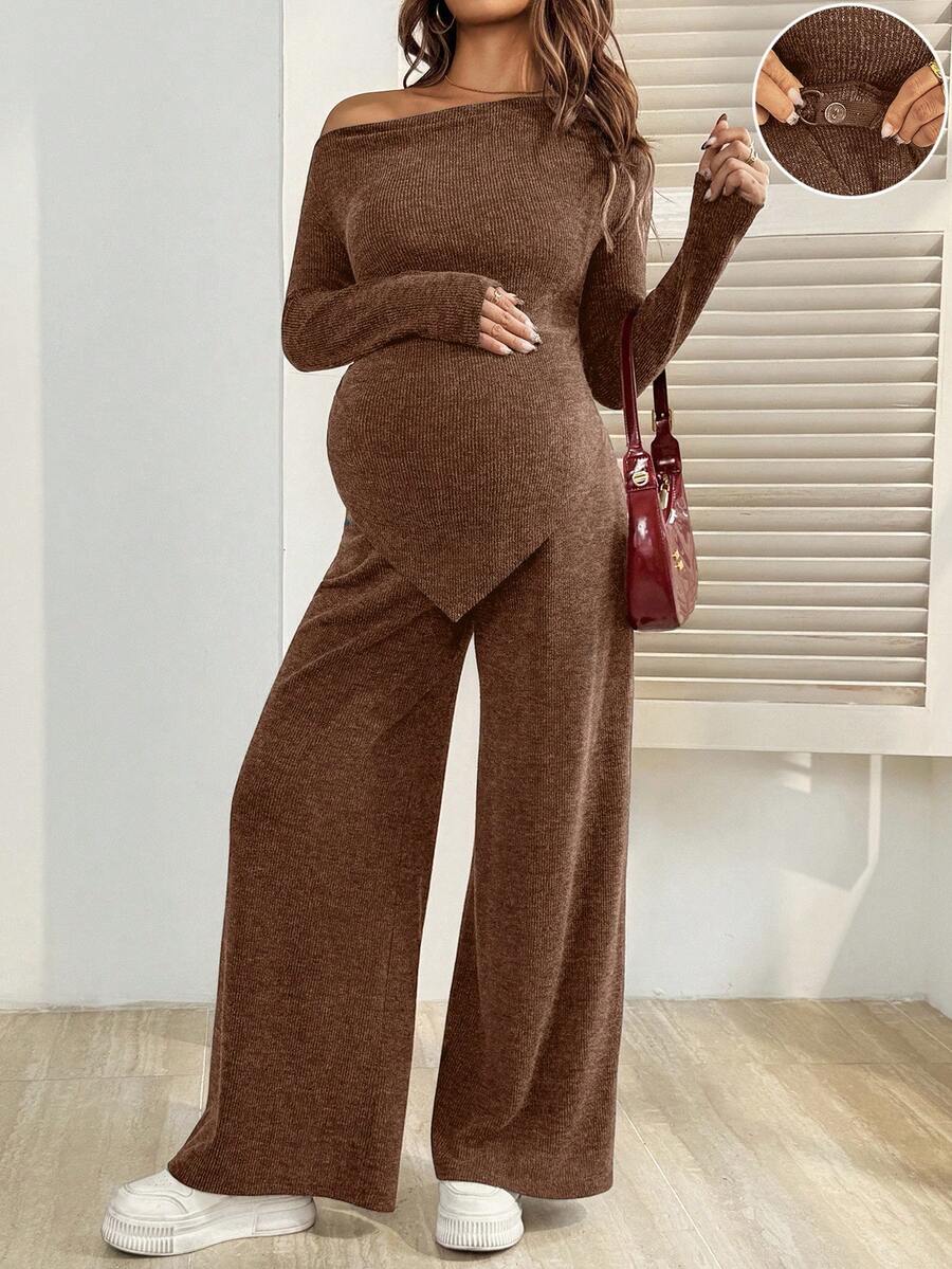 SHEIN 2pcs Maternity Casual Solid Color Asymmetric Hem Top And Pants Set, Autumn - Brown - View 1
