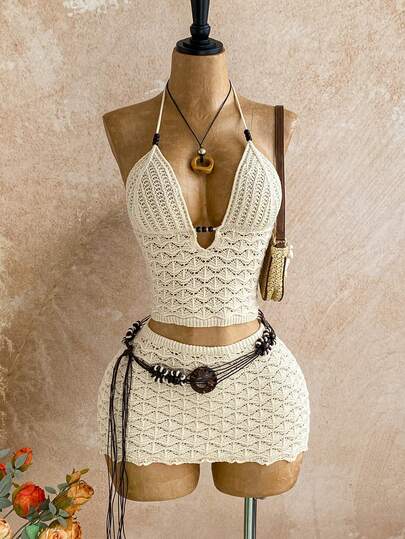 Soleia 2pcs Women Vacation Solid Color Hollow Out Halter Knit Top And Knitted Mini Skirt Set,Beach For Women,Going Out , Date, Afternoon Tea, Boho Vacation, Holiday, Boho Style, Graduation Brunch, St. Patrick's Day, Spring Break, Easter,  Elegant Boho Tropical
