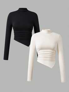 Teen Girl Casual Solid Color Stand Collar Asymmetric Hem T-Shirt, Autumn