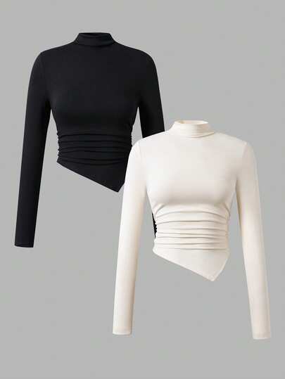 少女休闲纯色立领不对称下摆T恤，秋季