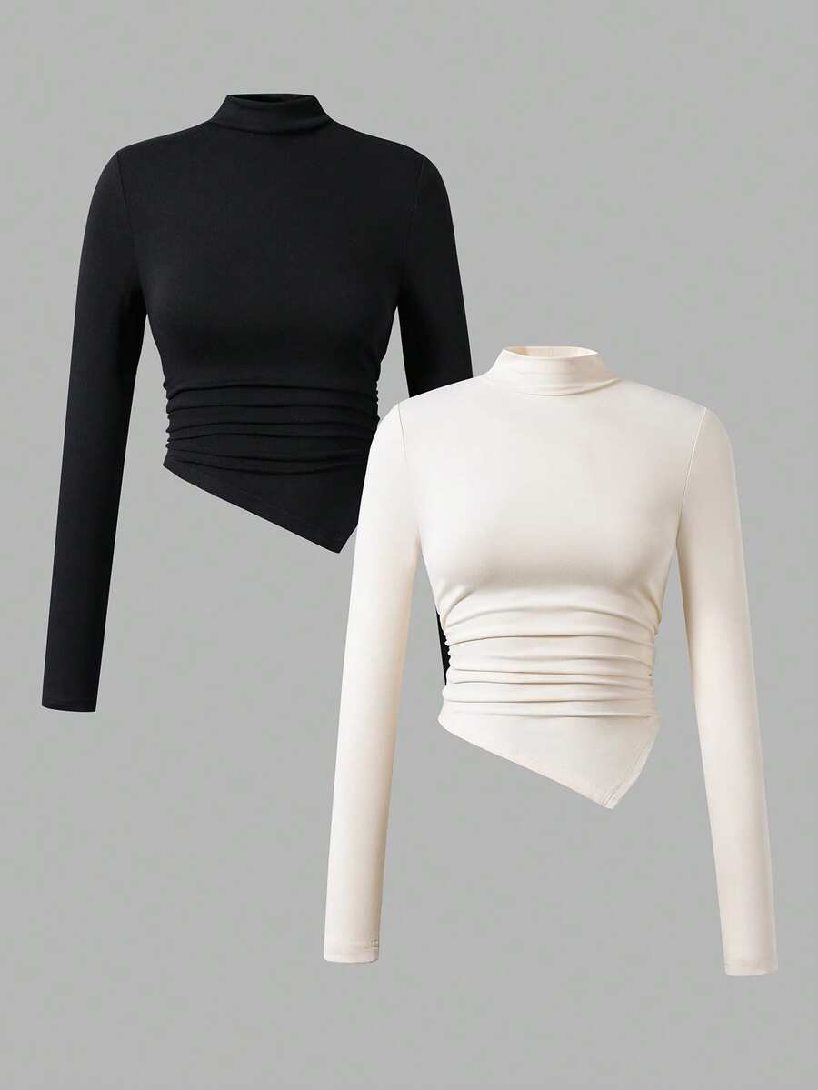 Teen Girl Casual Solid Color Stand Collar Asymmetric Hem T-Shirt, Autumn