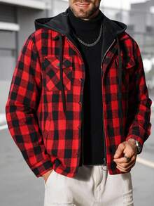 Manfinity CasualCool 男士休闲格子拉链抽绳连帽夹克，秋季格子法兰绒男士衬衫，男士法兰绒格子夹克，男士街头服饰，男士衬衫，圣诞节服装 - 彩色 - 查看 1