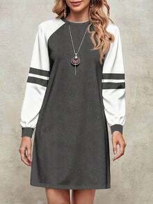 EMERY ROSE Váy ngắn tay raglan họa tiết sọc cổ tròn dài tay rộng thoải mái, đi làm hàng ngày, đơn giản, thoải mái cho mùa thu/đông - trắng - Xem 5