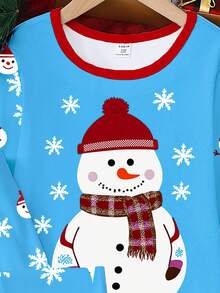 男童圣诞夜光雪人和雪花印花睡衣套装，柔软针织弹力面料长袖上衣和裤子，舒适睡衣 - 藍色 - 查看 5