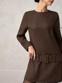 Heiryn 女式纯色圆领长袖系带休闲短款连衣裙 - 棕色 - 查看 6