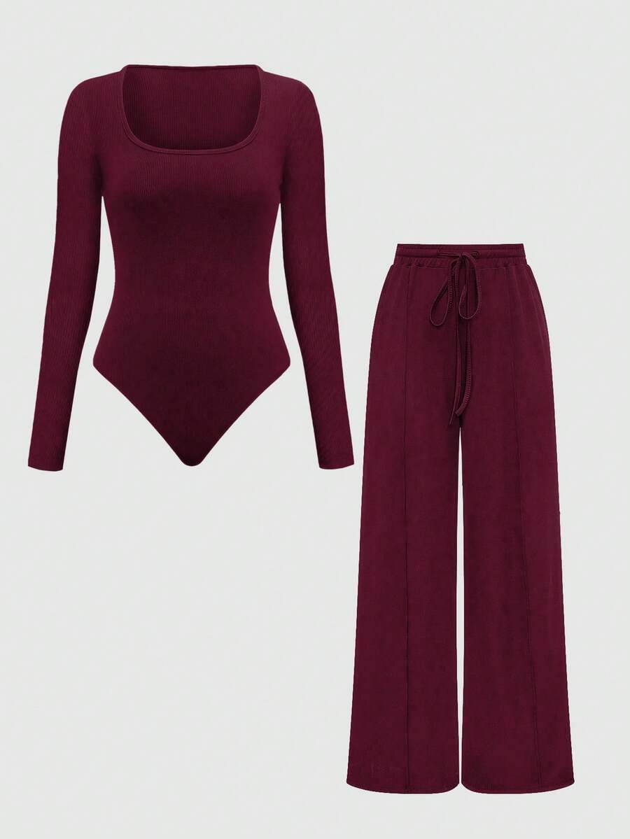 SHEIN Tall Women's Casual 2 Pieces Outfit Set, Autumn Burgundy - Burgundy - View 1