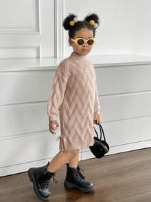 Young Girl Solid Stand Collar Fitted Casual Sweater Dress - Khaki - View 8