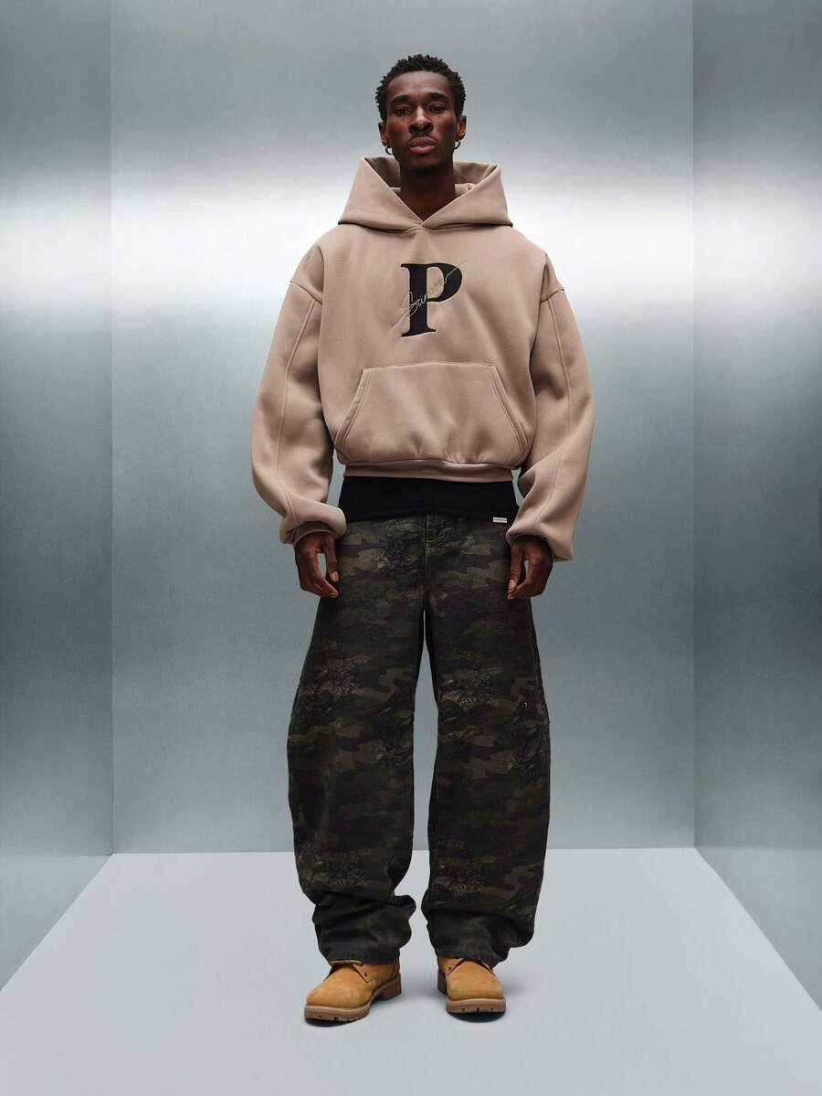 PLAYBOY X SUMWON Crop Fit Oversized Pullover Hoodie With Large Letter P Logo Centre Pocket Drawstring For Winter Casual Wear - Brown - View 1