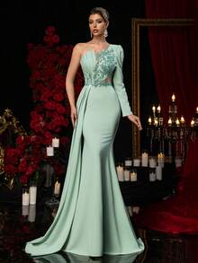 Glamrae Elegant Dark Green Textured Knit Dress,Handmade Sequin Applique Embellishments,One-Shoulder Puffy Long-Sleeved Fishtail Skirt With Train Evening Gown - Green - View 2