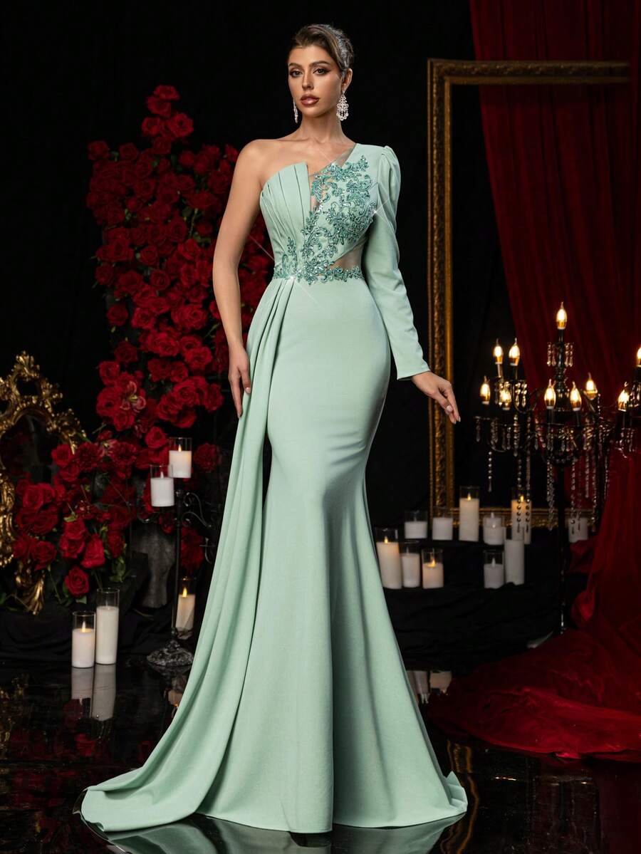 Glamrae Elegant Dark Green Textured Knit Dress,Handmade Sequin Applique Embellishments,One-Shoulder Puffy Long-Sleeved Fishtail Skirt With Train Evening Gown
