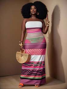 Veslaya 2025 春夏新品、音乐节、复活节、西部风、游牧风、波西米亚风、纳什维尔风、生日派对、毕业典礼、学生风、日常休闲、基本百搭、休闲、度假、邮轮旅行、海滩、日光浴、多色条纹印花、大码印花连衣裙 - 彩色 - 查看 7