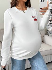 SHEIN Maternity Cherry Embroidery Crew Neck Long Sleeve Sweatshirt Cute Long Sleeve Top Women Long Sleeve Top Pregnancy Shirts Maternity Clothes T Shirts Breastfeeding Shirt