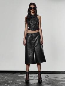 MUSERA Faux Leather High Neck Zip Through Open Back Racer Style Top Fall Autumn Winter Streetwear Cool Night Out Everyday Sexy Elegant Holidays Party Summer Spring - Black - View 5