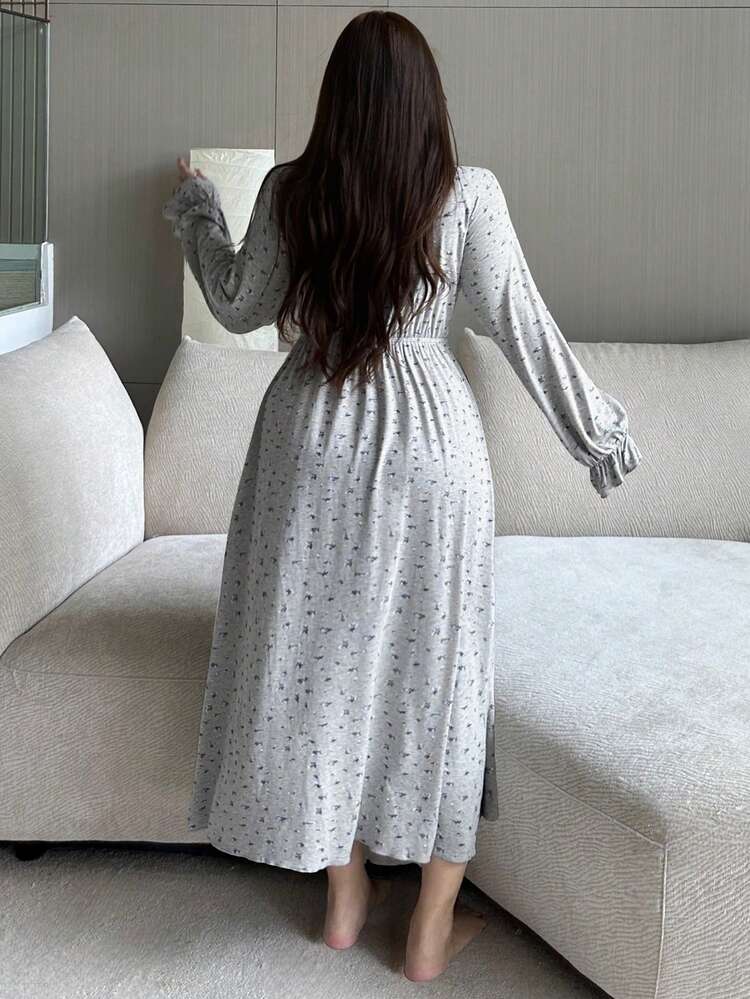 Dazy Plus Plus Size Women Floral Contrast Lace Maxi Nightgown With Flare Sleeves, Elegant For Spring And Autumn, For Fall & Winter