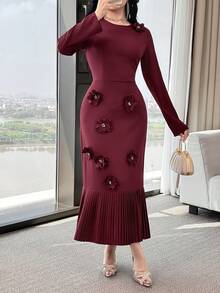 Modelyn Women's Round Neck Long Sleeve Floral Decor Pleated Hem Elegant Dress - Burgundy - View 2