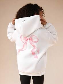 SUMWON Bow Print Graphic Pullover Hoodie For Tweens With Centre Pocket Hood Casual Sweatshirt - White - View 1