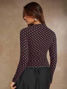 COSMINA Women's Polka Dot Print Asymmetric Collar Long Sleeve Fitted Fashionable T-Shirt, Fashion Top,Coffee&Blue Polka Dot - Coffee Brown - View 2