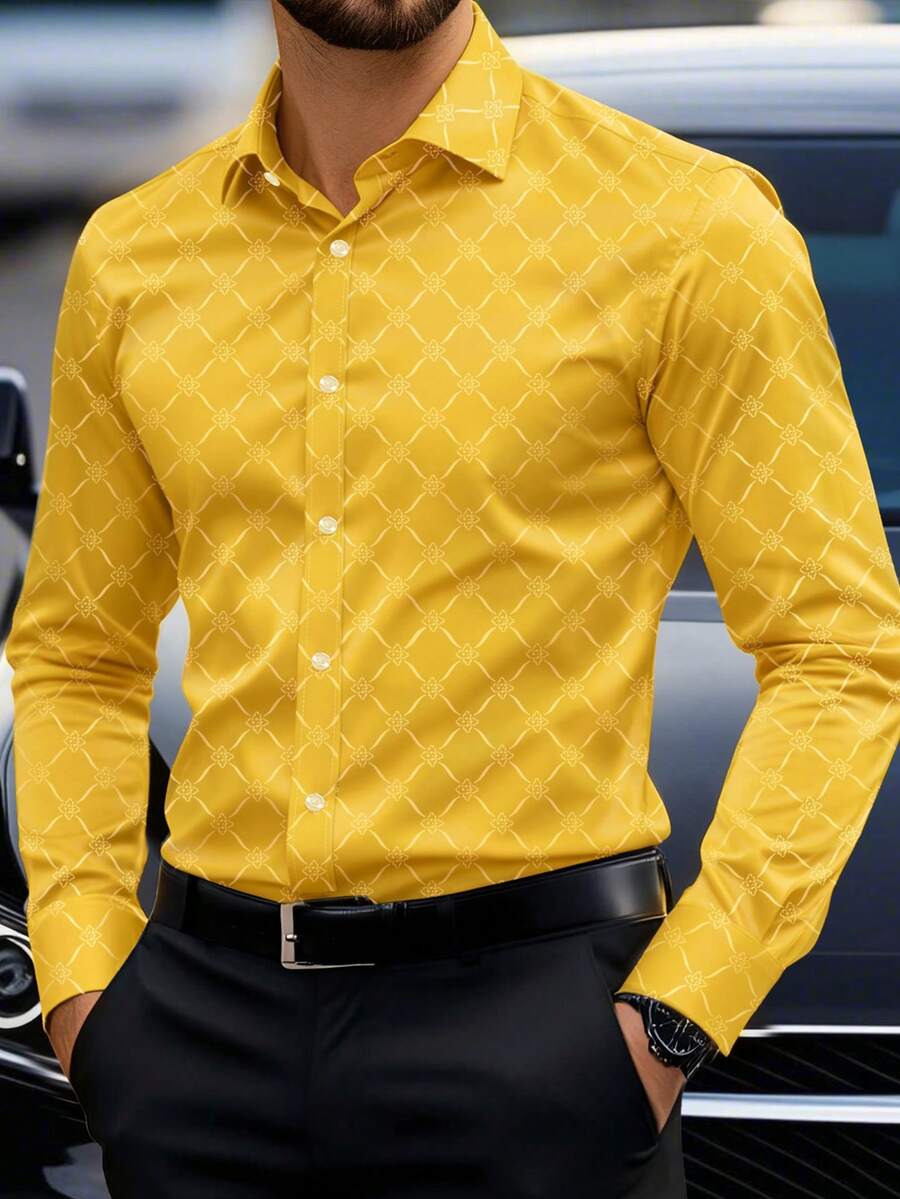 Calvornis Men Button Down Long Sleeve Slim Fit Business Formal Dress Shirt, Business Casual Shirt For Wedding, Fall, Ceremony - Yellow - View 1