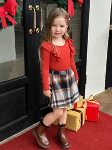 SHEIN 2件套小女孩圣诞荷叶边上衣和格子裙套装 - 彩色 - 查看 3