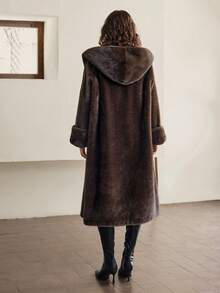 Ontre 2026春夏新款女士仿皮草外套，深咖啡色/棕色，带帽，长袖，仿皮草大衣，适合情人节、节日派对等场合，简约优雅，都市时尚百搭女士仿皮草外套 - 深灰色 - 查看 6