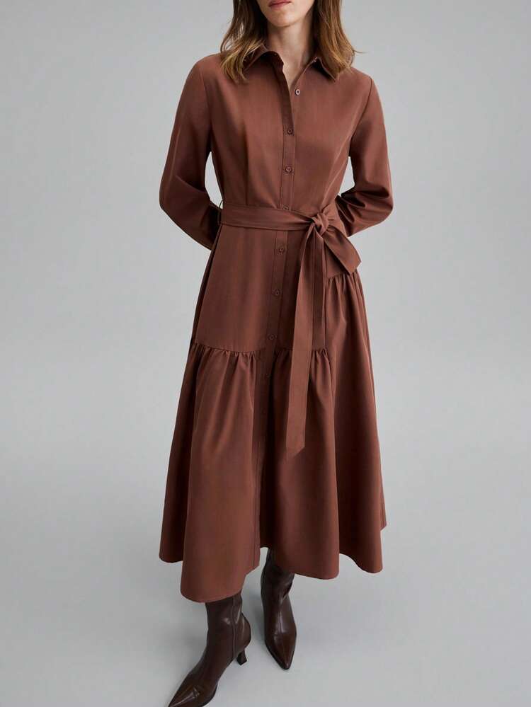 2026SS Women's Village Long Sleeve Single-Breasted Belt Design Casual Shirt Dress Modern Urban Casual Fashion Business Casual Women's Office Wear Low-Key Old Money Style Effortless Temperament High-End Urban Commuting High-Quality Airport Women's Wear High-End Material Waist Detail Flared Dress Middle Eastern Style Essential Women's Clothing High-End, Elegant, Old-Fashioned Cruise Attire For Wedding Guests High-End, Elegant, Old-Fashioned Cruise Attire For Wedding Guests