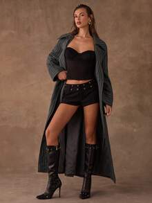 SHEIN BAE Áo khoác ngoài dài tay kẻ sọc buộc dây phía trước cho nữ mùa thu/đông, phong cách mùa thu/đông, áo khoác dài màu xám thanh lịch, ấm áp và thời trang, hoàn hảo cho các bữa tiệc và buổi đi chơi thường ngày - Màu xanh hải quân - Xem 3