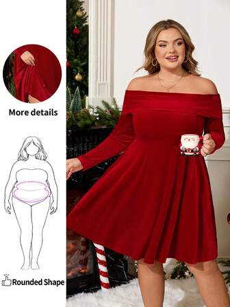 Enliva Christmas Plus Size Women's Long Sleeve Velvet Dress, Autumn/Winter Off Shoulder Red Dress