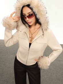 Rina Fox 女士时尚毛绒装饰连帽仿麂皮毛皮夹克 - 杏色 - 查看 5