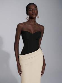 Elitara 优雅、浪漫、性感、简约、深紫红色、撞色粉色、斜纹面料、鱼尾下摆、拖尾、时尚、影响者、节日、度假、生日派对、婚礼活动、正式晚礼服 - 黑與白 - 查看 7