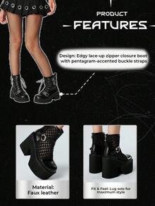 ROMWE Grunge Punk 女式深色哥特式/朋克系带星星装饰厚底粗跟踝靴，Y2K 派对礼服靴配腰带扣，2025 骑士靴适合所有季节，万圣节