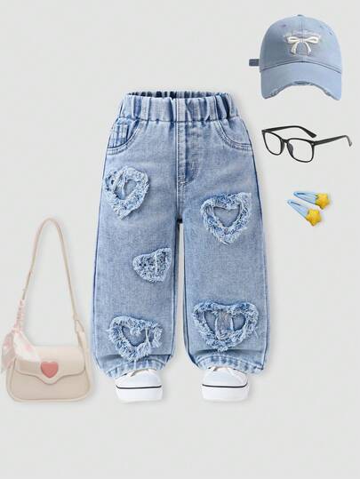 SHEIN Playful Pals Denimly Baby Girls Casual Urban Light Wash Fully Elastic Waist Heart Patch Embroidered Wide Legs Pants The Best Daily Fashion Outfits