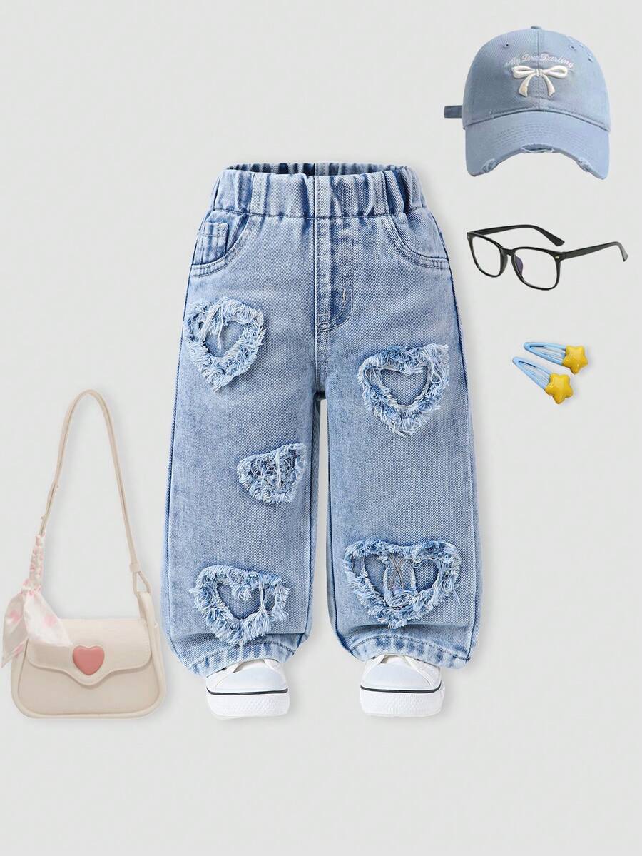SHEIN Playful Pals 女婴牛仔休闲都市浅色水洗全松紧腰心形贴片刺绣阔腿裤,日常最佳时尚单品 - 淺色水洗藍 - 查看 1