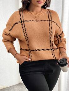 Elenzga Plus Size Women Plaid Round Neck Drop Shoulder Long Sleeve Casual Loose Pullover Sweater, Autumn/Winter - Orange - View 6