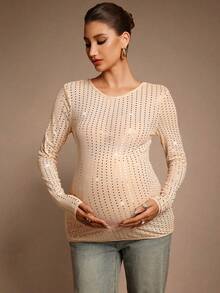 MaterniChic Autumn And Winter Sequin Patchwork Crew Neck Fitted Long Sleeve Maternity T-Shirt Sequin Top - Apricot - View 3