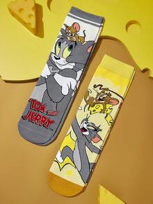 TOM & JERRY X SHEIN 2双柔软透气吸湿休闲中筒袜，猫咪图案，时尚可爱，黄灰色船袜，加固趾部和后跟，经久耐穿，男女通用，四季皆宜，夏季冬季百搭，图案袜子 - 彩色 - 查看 5