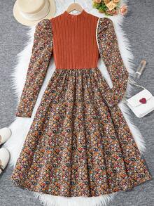 SHEIN Teen Girls' Brown Ribbed Knit Floral Patchwork Long Sleeve Vintage Casual Cute Dress, Autumn/Winter - Brown - View 1